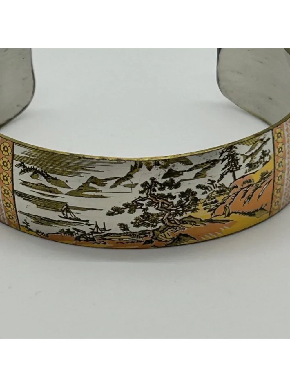 Reed Barton Damascene Cuff Bracelet Vintage Asian Landscape Mix Metal Tone